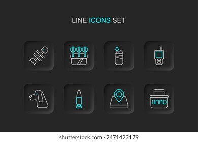 Set line Ammunition box, Hunt place, Bullet, Hunting dog, Walkie talkie, Lighter, Quiver with arrows and Dead fish icon. Vector