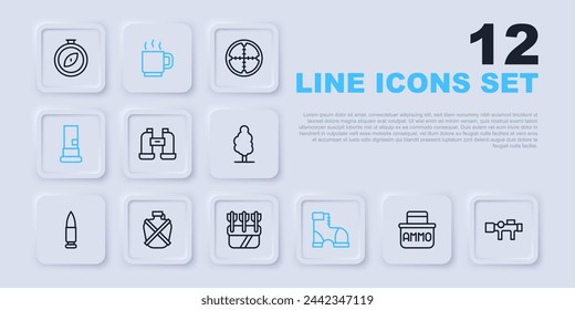 Set line Caja de munición, mira óptica de francotirador, binoculares, botas de cazador, cartuchos, botella de agua Canteen, taza de café y Quiver con flechas icono. Vector