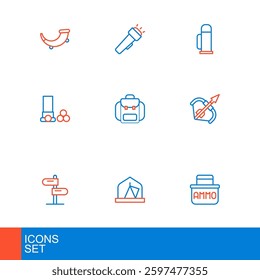 Set line Ammunition box, Tourist tent, Road traffic sign, Medieval bow and arrow, Cartridges, Hiking backpack, Thermos container and Flashlight icon. Vector
