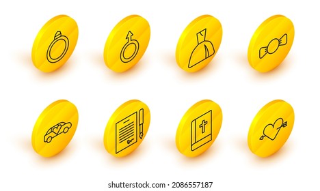 Set line Amour with heart and arrow, Holy bible book, Marriage contract, Limousine car, Bow tie, Woman dress, Male gender symbol and Diamond engagement ring icon. Vector