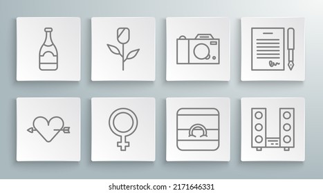 Set line Amour with heart and arrow, Flower rose, Female gender symbol, Wedding rings, Home stereo two speakers, Photo camera, Marriage contract and Champagne bottle icon. Vector