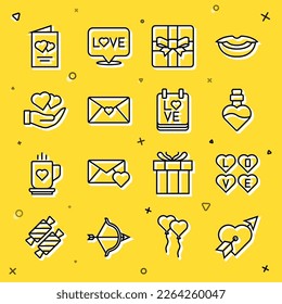 Fija la línea Amour con el corazón y la flecha, texto de amor, poción de amor en botella, caja de regalo, sobre Valentine, mano del corazón, volante de San Valentín y icono del calendario 14 de febrero. Vector