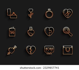 Fijar la línea Amour con el corazón y la flecha, Broken, el anillo de compromiso de los diamantes, la burbuja de la voz que te amo, la bolsa de compras, la poción de la botella, el icono de búsqueda y corazón. Vector