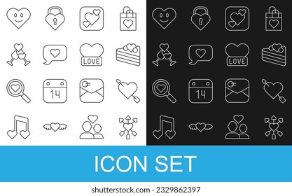 Set line Amour with heart and arrow, Wedding cake, Heart, speech bubble, Glass of champagne,  and  icon. Vector