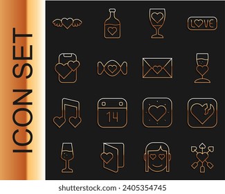 Set line Amour with heart and arrow, Broken or divorce, Glass of champagne, Candy, Dating app online mobile, Heart wings and Envelope Valentine icon. Vector