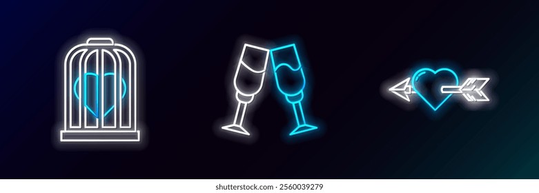 Set line Amour with heart and arrow, Heart in the bird cage and Glass of champagne icon. Glowing neon. Vector