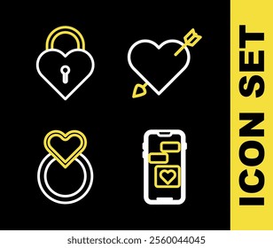 Set line Amour with heart and arrow, Mobile, Wedding rings and Castle the shape of icon. Vector