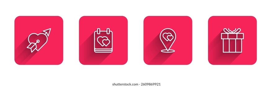 Set line Amour with heart and arrow, Calendar, Location and Gift box with long shadow. Red square button. Vector