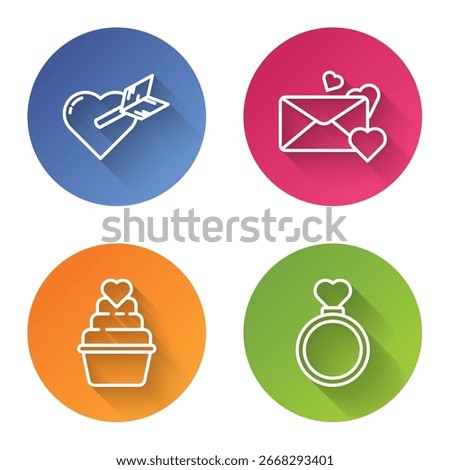 Set line Amour with heart and arrow, Envelope with heart, Wedding cake with heart and Wedding rings. Color circle button. Vector