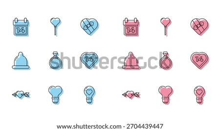 Set line Amour with heart and arrow, Heart shape in light bulb, Calendar February 14, Diamond engagement ring, Condom and Balloons form of icon. Vector