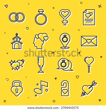 Set line Amour with heart and arrow, Balloons in form of, Envelope Valentine, Female gender symbol, Head, Church building, Wedding rings and  icon. Vector