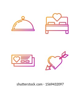 Set line Amour symbol with heart and arrow, Ticket with heart, Covered with a tray of food and Bedroom. Gradient color icons. Vector