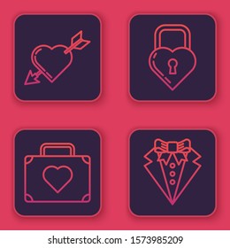 Set line Amour symbol with heart and arrow, Suitcase for travel with heart, Castle in the shape of a heart and Suit. Blue square button. Vector
