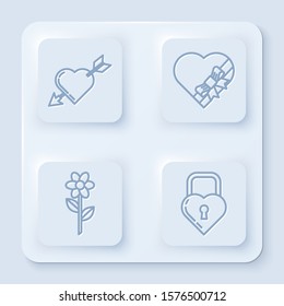 Set line Amour symbol with heart and arrow, Candy in heart shaped box and bow, Flower and Castle in the shape of a heart. White square button. Vector