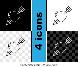 Set line Amour symbol with heart and arrow icon isolated on black and white, transparent background. Love sign. Valentines symbol.  Vector