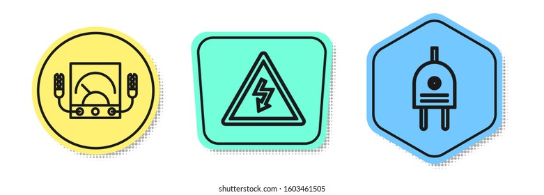 Set line Ampere meter, multimeter, voltmeter, High voltage sign and Electric plug. Colored shapes. Vector
