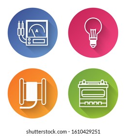 Set line Ampere meter, multimeter, voltmeter, Light bulb with concept of idea, Wire electric cable on a reel or drum and Car battery. Color circle button. Vector