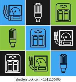 Set line Ampere meter, multimeter, voltmeter, Battery in pack and LED light bulb icon. Vector
