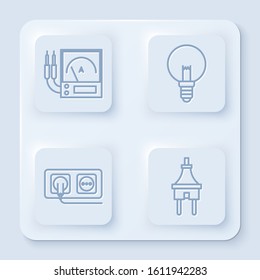 Set line Ampere meter, multimeter, voltmeter, Light bulb, Electrical outlet and Electric plug. White square button. Vector