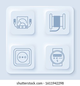 Set line Ampere meter, multimeter, voltmeter, Wire electric cable on a reel or drum, Electrical outlet and Electric meter. White square button. Vector