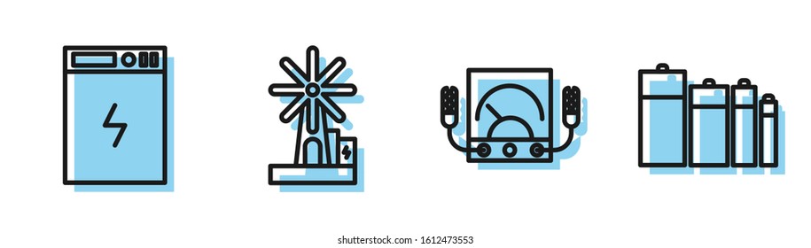 Set line Ampere meter, multimeter, voltmeter, Power bank, Wind turbine and Battery icon. Vector