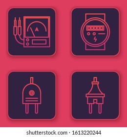 Set line Ampere meter, multimeter, voltmeter, Electric plug, Electric meter and Electric plug. Blue square button. Vector