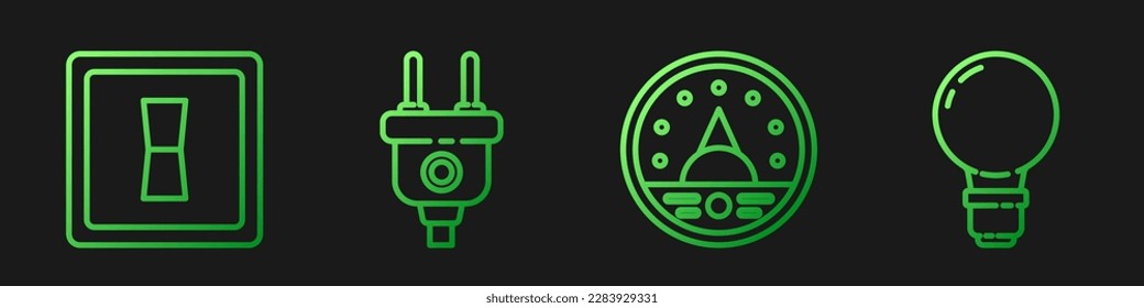 Set line Ampere meter, multimeter, voltmeter, Electric light switch, Electric plug and Light bulb with concept of idea. Gradient color icons. Vector