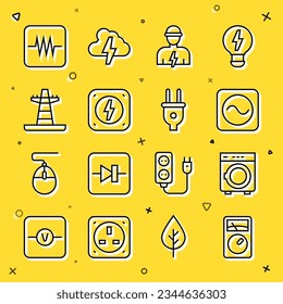 Die Linie Ampere-Zähler, Multimeter, Washer, Wechselstromquelle, Elektrischer Blitz, Turmlinie, Resistor-Elektronik-Schaltung und Stecksymbol. Vektorgrafik