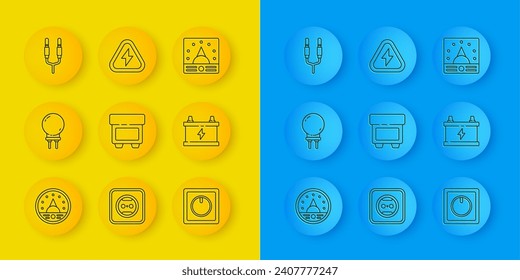 Set line Ampere meter, multimeter, voltmeter, Light emitting diode, Fuse, Electric light switch, Car battery, Audio jack,  and High voltage icon. Vector