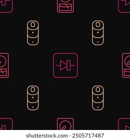 Set line Ampere meter, multimeter, Battery charge and Diode in electronic circuit on seamless pattern. Vector