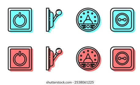 Set line Ampere meter, multimeter, voltmeter, Electric light switch, Electrical panel and Electrical outlet icon. Vector