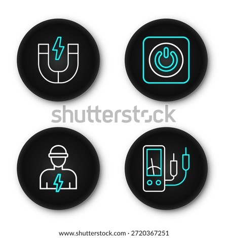 Set line Ampere meter, multimeter, Electrician, Power button and Magnet icon. Vector