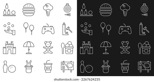 Set line Amusement park billboard, Ice cream in bowl, Striker attraction with hammer, waffle cone, Balloons, Juggling ball, Bottles and Gamepad icon. Vector