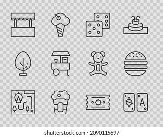 Set Line Amusement Park Map, Tarot Cards, Game Dice, Popcorn In Box, Ticket Office, Fast Street Food Cart,  And Burger Icon. Vector