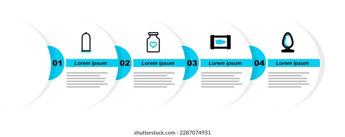 Set line Anal plug, Play Video with 18 plus, Bottle pills for potency and Condom safe sex icon. Vector