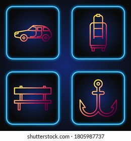 Set line Anchor, Bench, Car and Suitcase. Gradient color icons. Vector