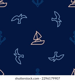 Set line Anchor, Bird seagull and Yacht sailboat on seamless pattern. Vector