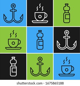 Set line Anchor, Bottle of water and Coffee cup icon. Vector