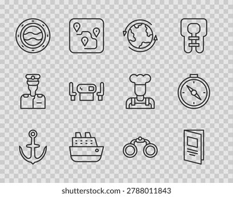 Set line Anchor, Brochure, Worldwide, Cruise ship, Ship porthole with seascape, Poker table, Binoculars and Compass icon. Vector