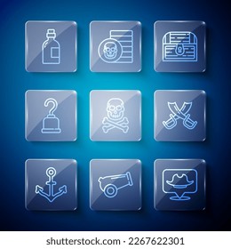 Set line Anchor, Cannon, Location pirate, Antique treasure chest, Skull crossbones, Pirate hook, Alcohol drink Rum and Crossed swords icon. Vector