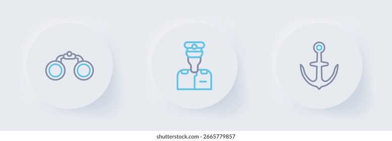 Fije el ancla de la línea, el capitán de la nave y el icono de los binoculares. Vector