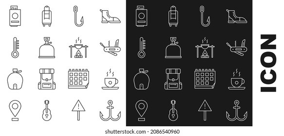 Set line Anchor, Coffee cup, Swiss army knife, Fishing hook, Camping gas stove, Meteorology thermometer, Passport with ticket and Campfire and pot icon. Vector
