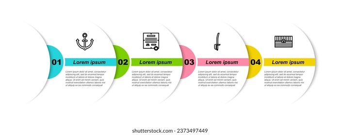 Set line Anchor, Decree, parchment, scroll, Pirate sword and Antique treasure chest. Business infographic template. Vector