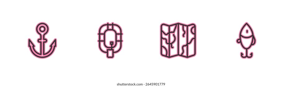 Set line Anchor, Folded map, Inflatable boat and Fishing lure icon. Vector