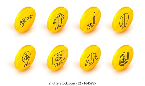 Set line Anchor inside shield, Wetsuit, Scallop sea shell, Location with anchor, Diving hood, Snorkel,  and Fishing harpoon icon. Vector