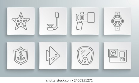 Set line Anchor inside shield, Snorkel, Fish, Diving mask, Action camera, Flashlight, watch and Starfish icon. Vector