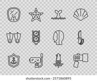 Set line Anchor inside shield, Flashlight, Whale tail ocean wave, Diving mask and snorkel, Gauge scale, Octopus and Knife icon. Vector