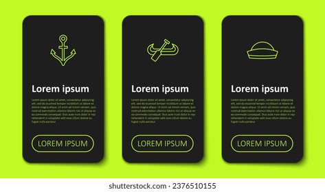 Set line Anchor, Kayak and paddle and Sailor hat. Business infographic template. Vector