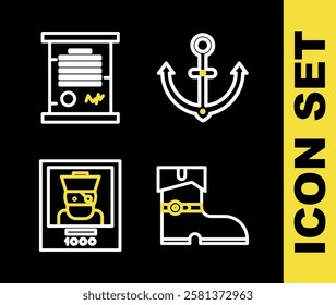 Set line Anchor, Leather pirate boots, Wanted poster and Decree, parchment, scroll icon. Vector