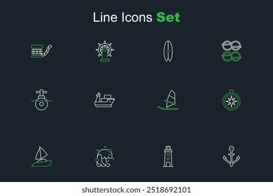 Set line Anchor, Lighthouse, Tsunami, Yacht sailboat, Compass, Windsurfing, Cargo ship and Submarine icon. Vector